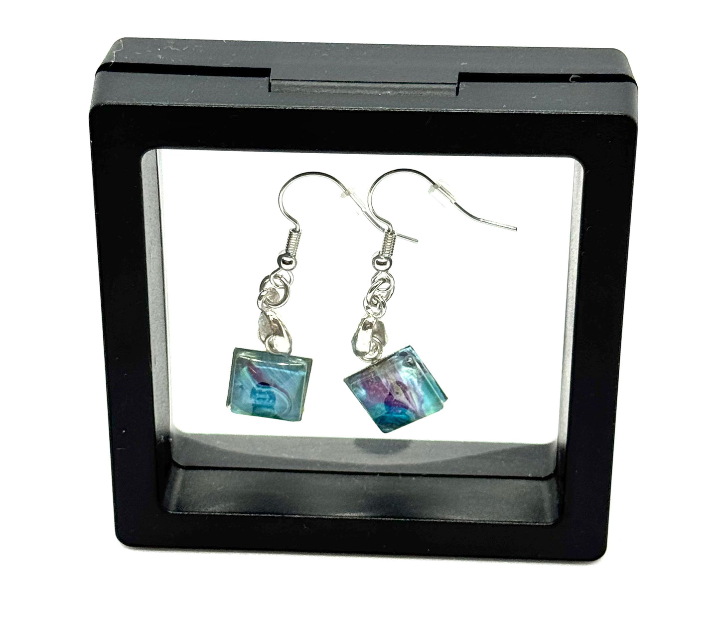 #34 Moonlit Tides Earrings – Square Glass Dome Wearable Paint Pour Art 🌙🌊💙