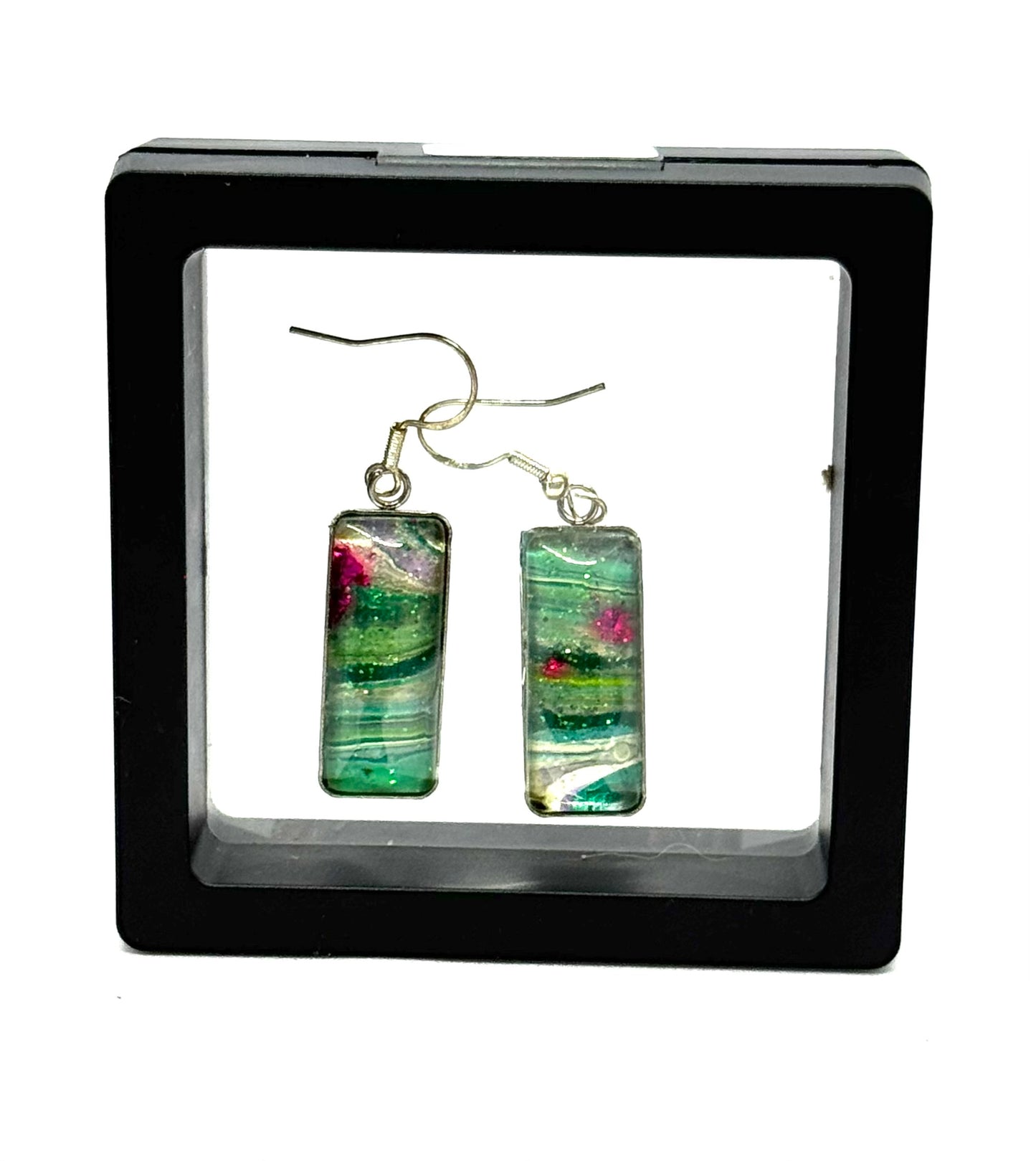 #11S Enchanted Lagoon Sterling Silver Rectangle Glass Dome Earrings