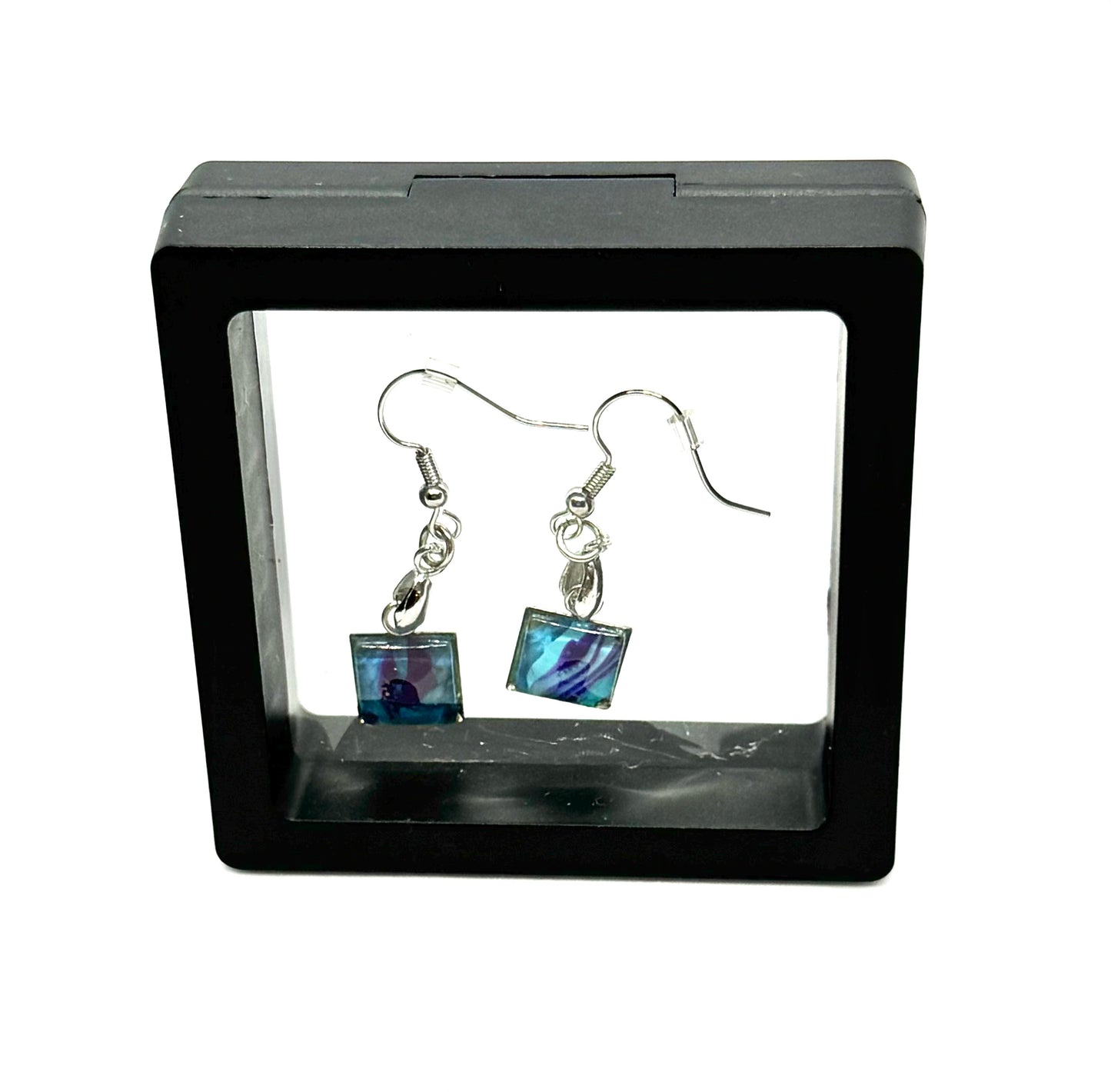 #16 Blue Lagoon Glass Dome Earrings – Handmade Acrylic Paint Pour Square Dangle Earrings