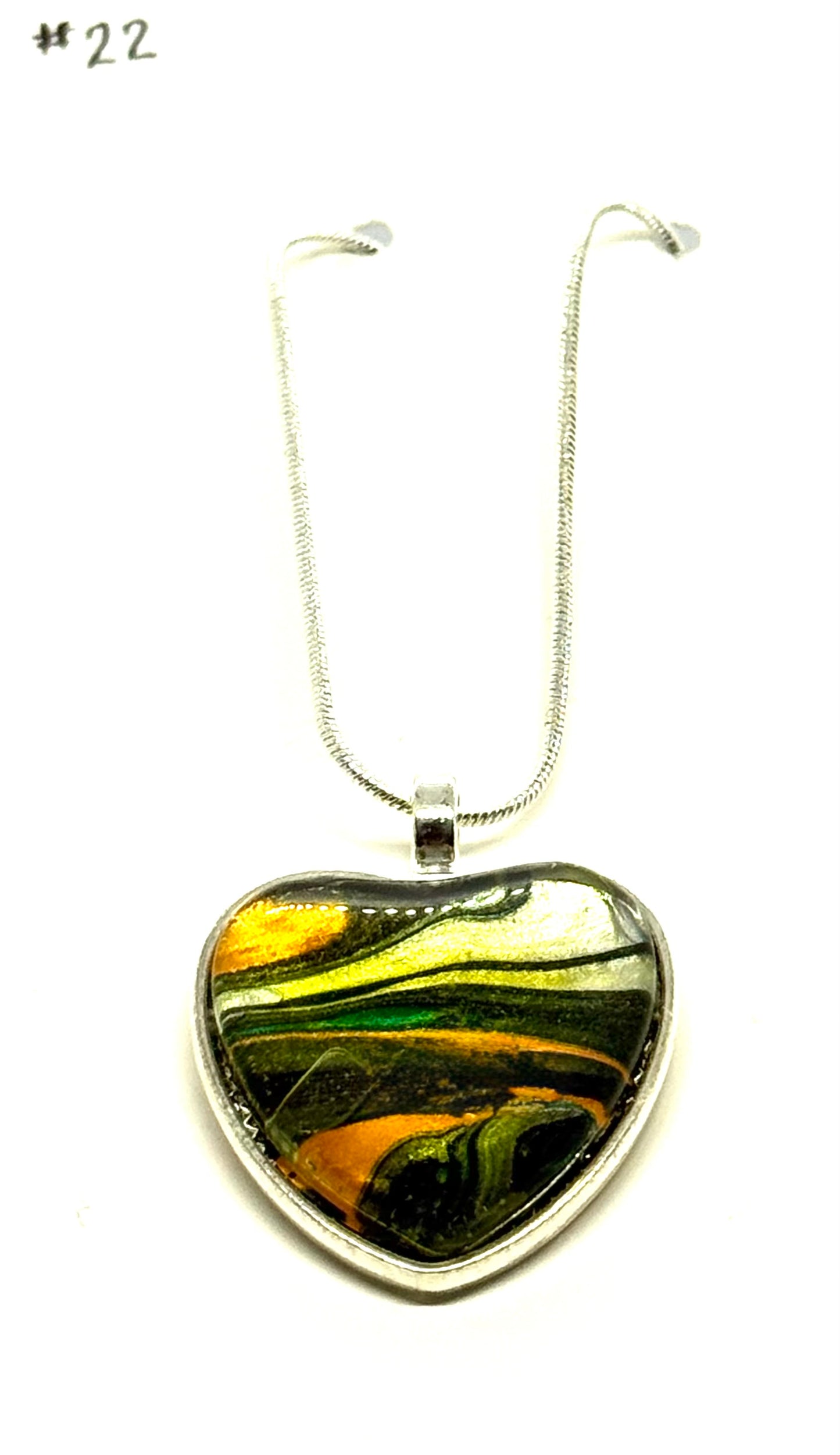 #22 Heartbreak in Technicolor – Black, White, Orange & Rose Gold Paint Pour Heart Pendant Necklace