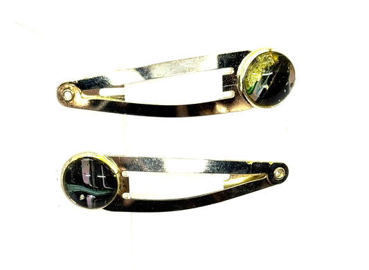 #1 Dark Energy Snap Clips – Silver Tone Black & Green Resin Hair Clips (2pc Set)