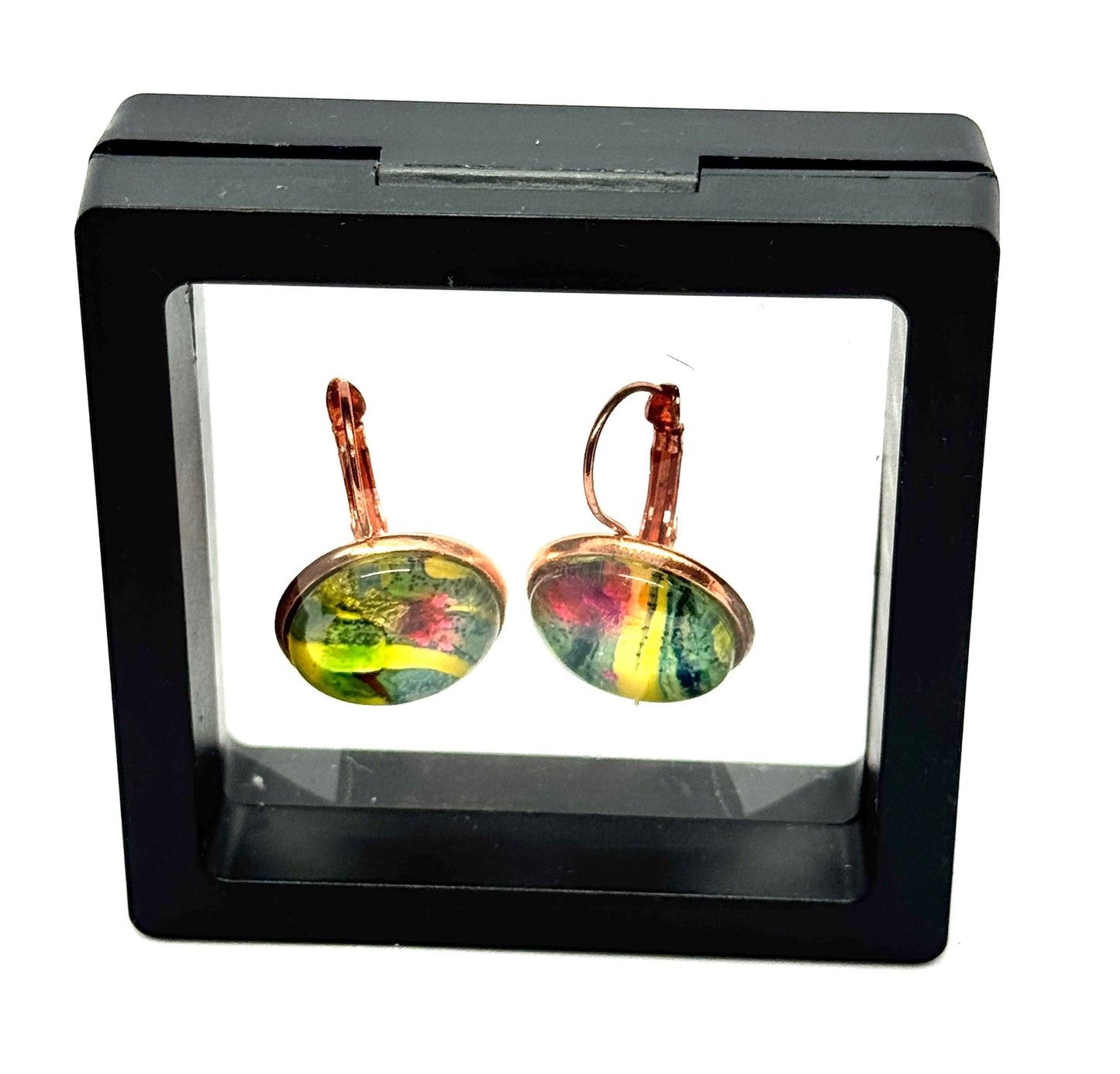 #31 Electric Garden Glass Dome Earrings – Paint Pour Art Earrings in Rose Gold