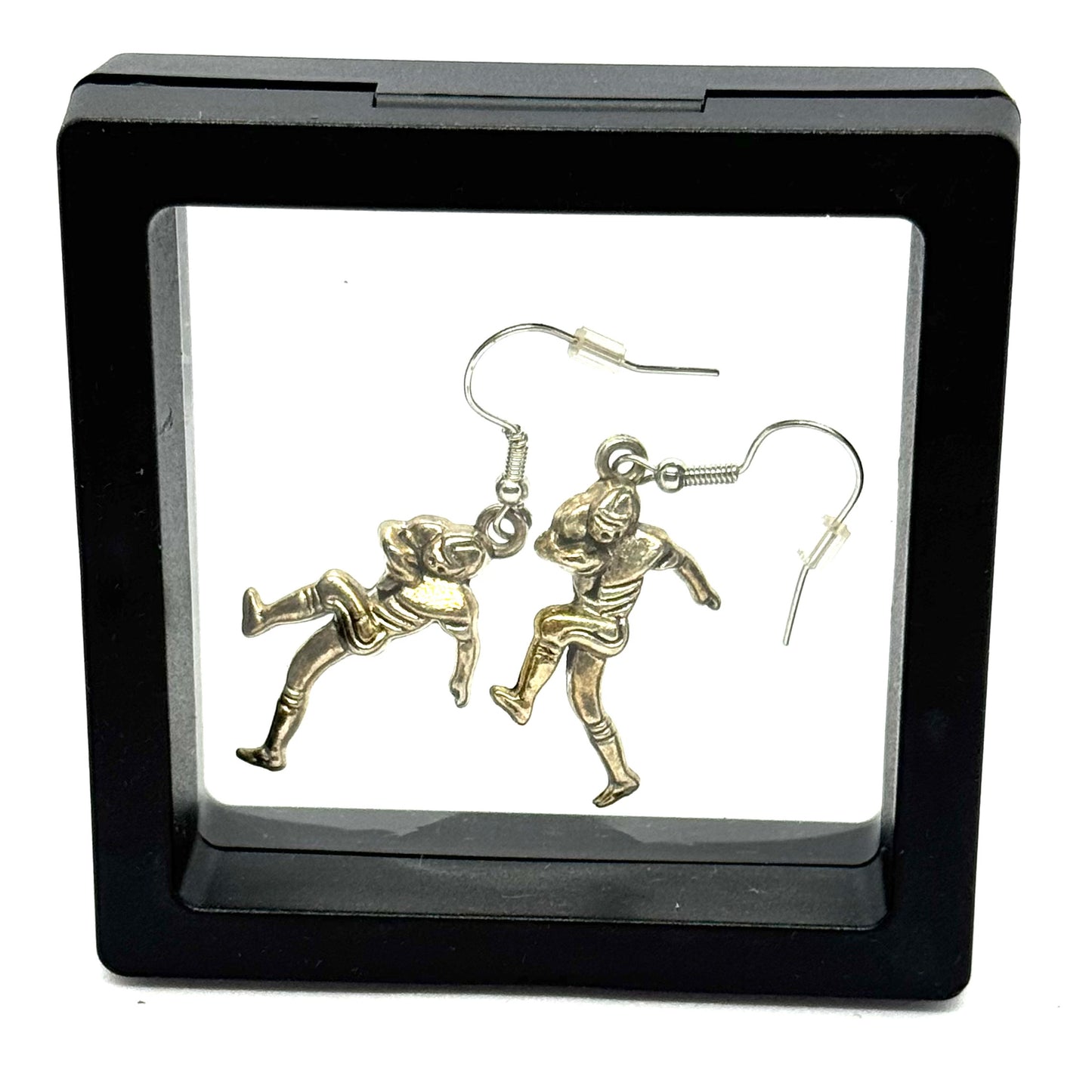 #42 Fourth & Dysfunctional Earrings – Silver Football Player Dangle Earrings