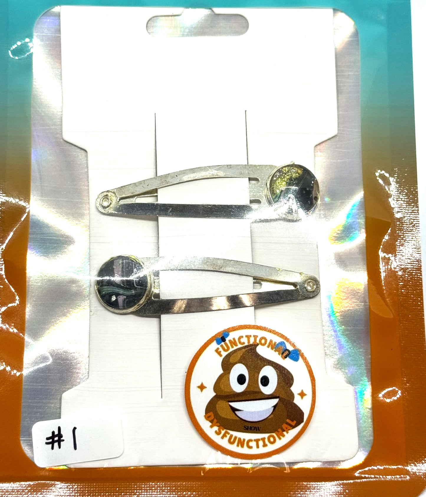 #1 Dark Energy Snap Clips – Silver Tone Black & Green Resin Hair Clips (2pc Set)
