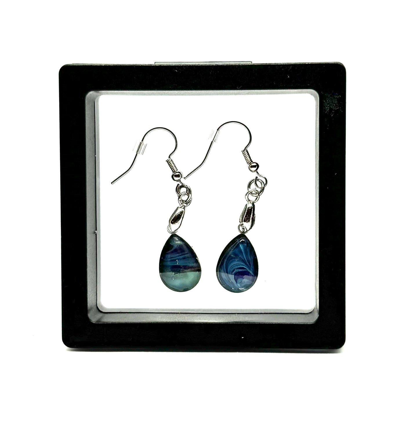 #13 Midnight Ocean Paint Pour Glass Dome Earrings – Handmade Teardrop Dangle Earrings