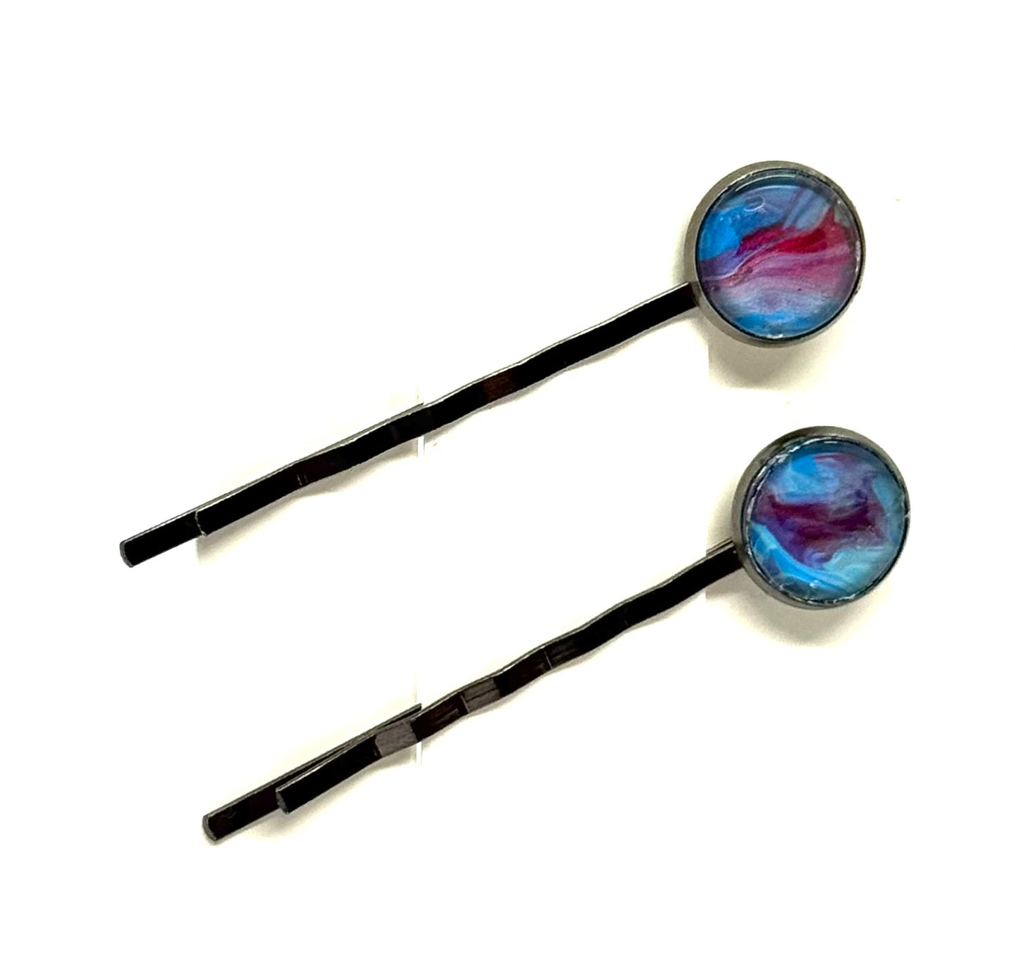 The “Cotton Candy Meltdown” Bobby Pin Set – Handmade Blue & Pink Swirl Hair Pins (Set of 2)