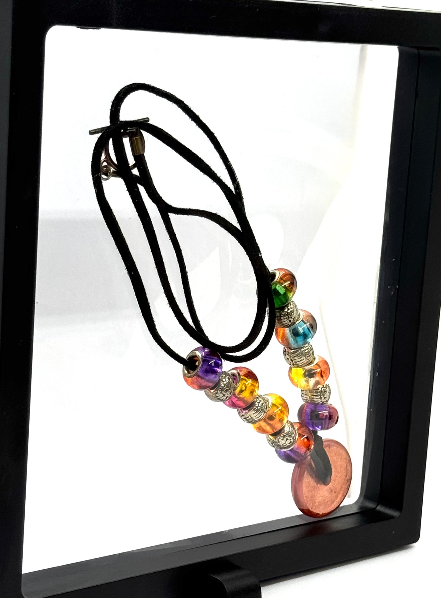 Rainbow Chaos Beaded Necklace | 28” Black Cord Necklace | Iridescent Glass Beads + Resin Pendant | Handmade Statement Piece