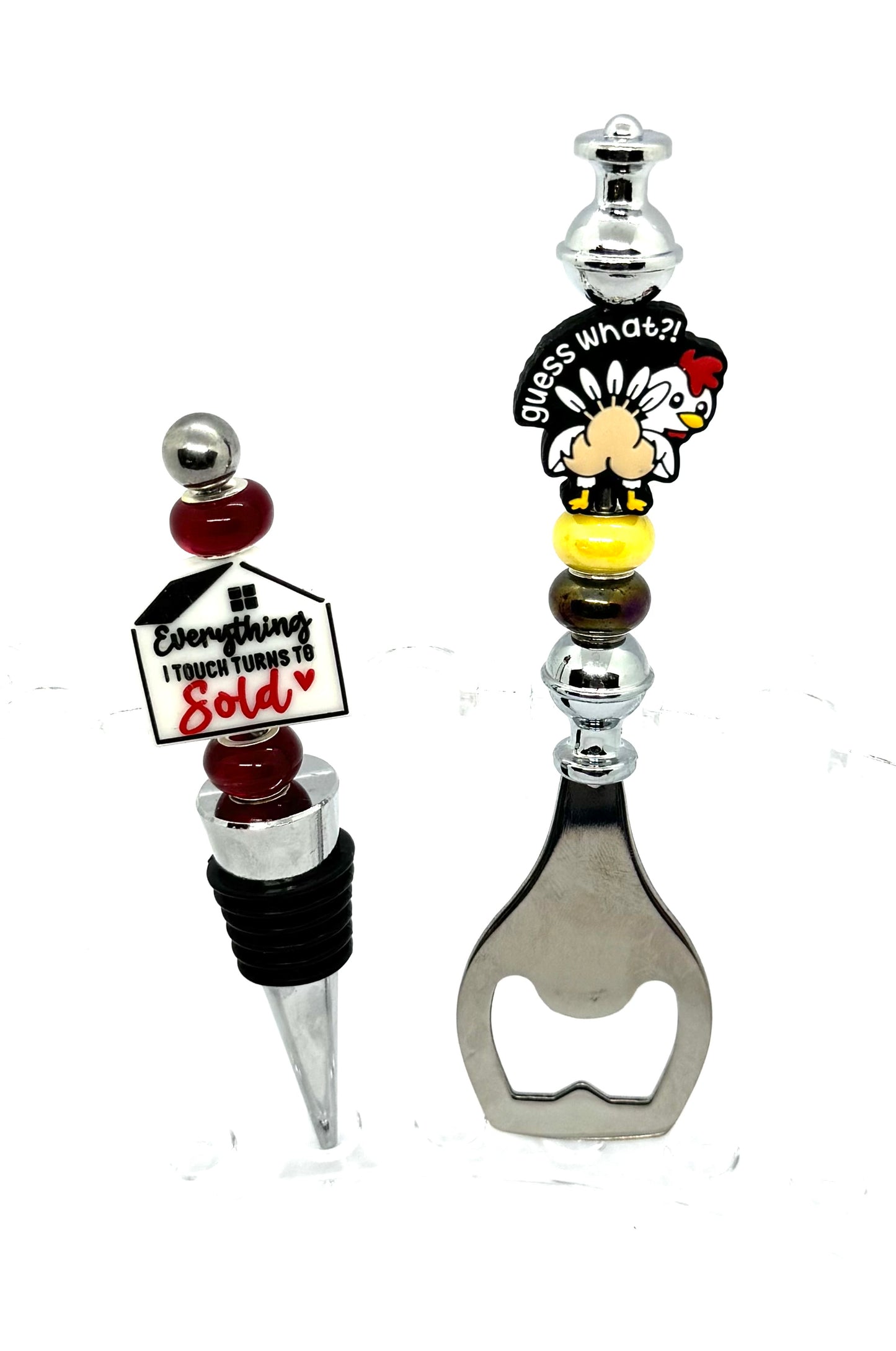 “Everything I Touch Turns to Sold” Realtor Wine Stopper & “Guess What?!” Chicken Bottle Opener Gift Set – Handmade FDSS Bar Accessory Duo