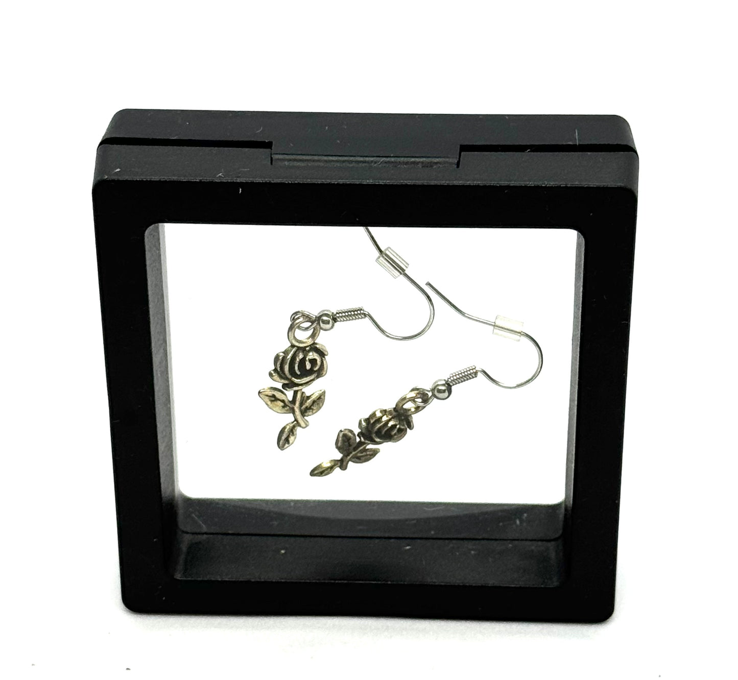 #48 Blooming Out of Spite Rose Earrings – Silver Rose Charm Dangle Earrings