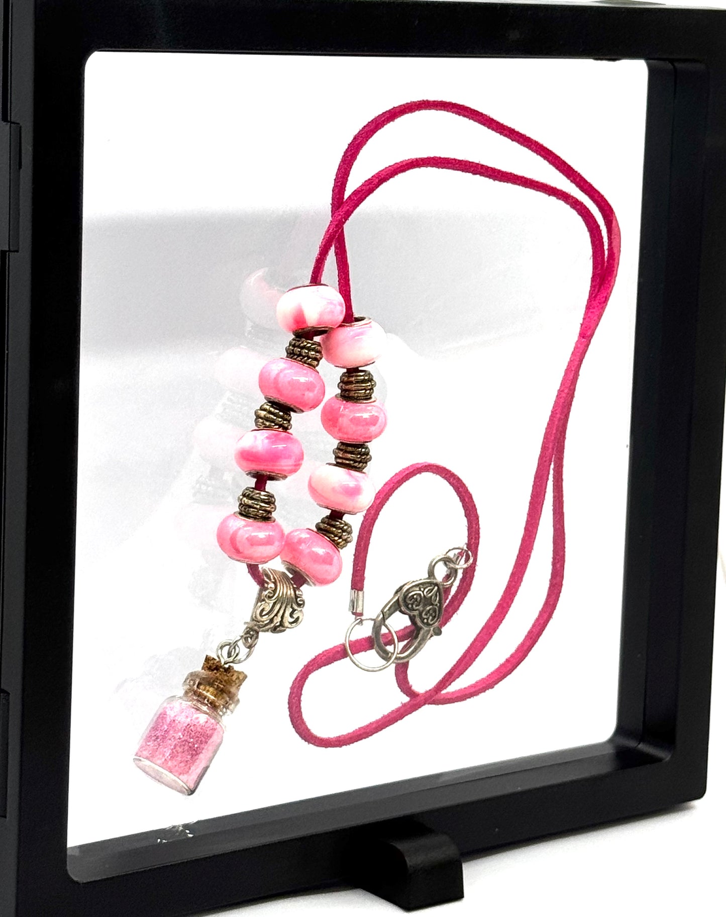 “Sweet but Psychotic” Pink Beaded Necklace | 30” Cord | Handmade Glitter Bottle Pendant Necklace