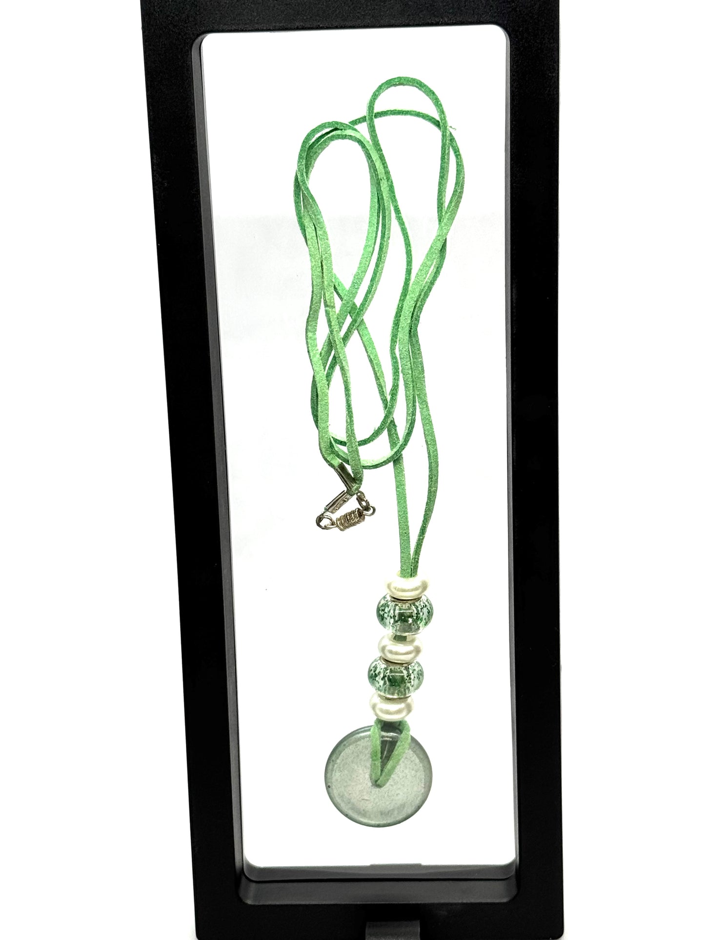 Green Beaded Pendant Necklace | 36” Cord | Screw Clasp | Handmade Statement Chaos