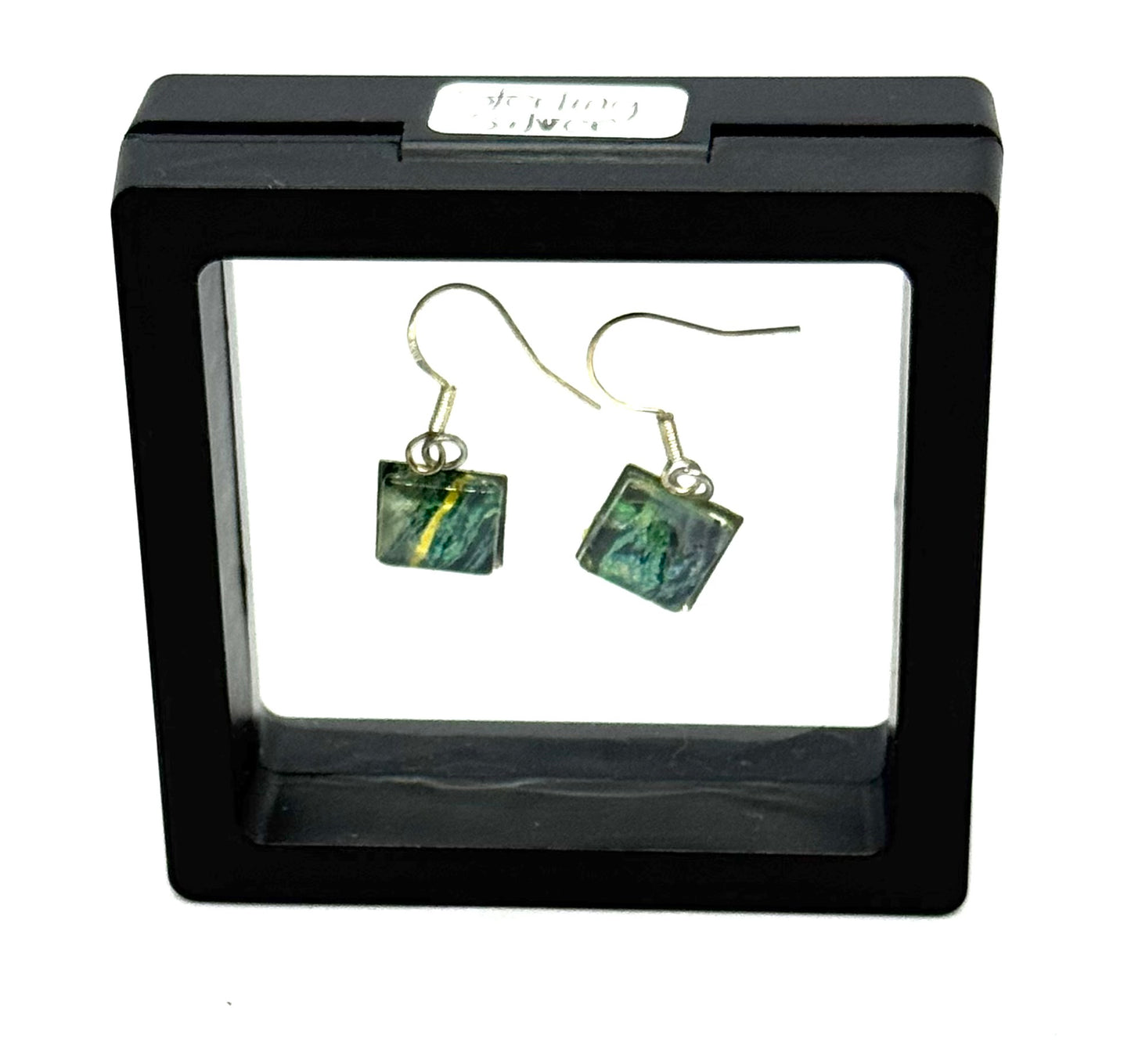 #10S Emerald Current Sterling Silver Square Glass Dome Earrings