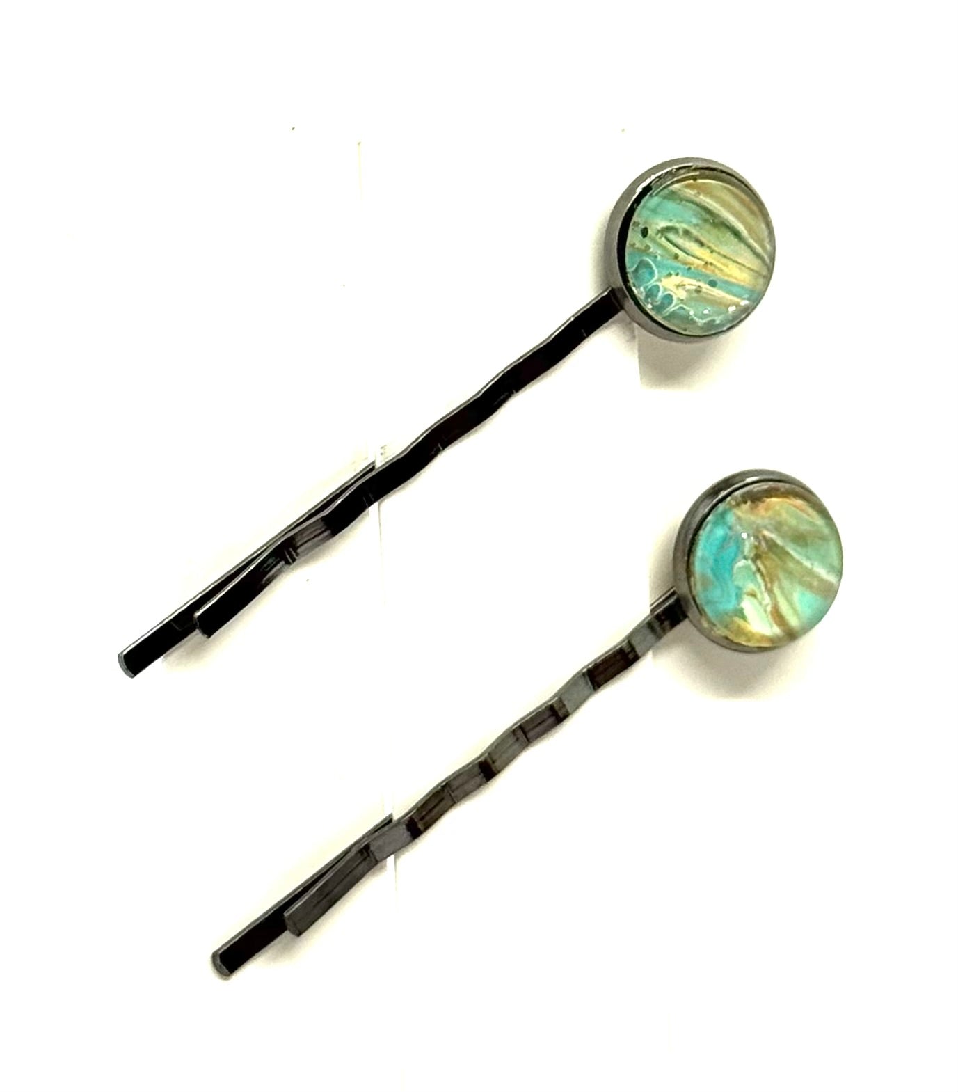 The “Mermaid on Paid Time Off” Bobby Pin Set – Handmade Aqua & Gold Swirl Hair Pins (Set of 2)