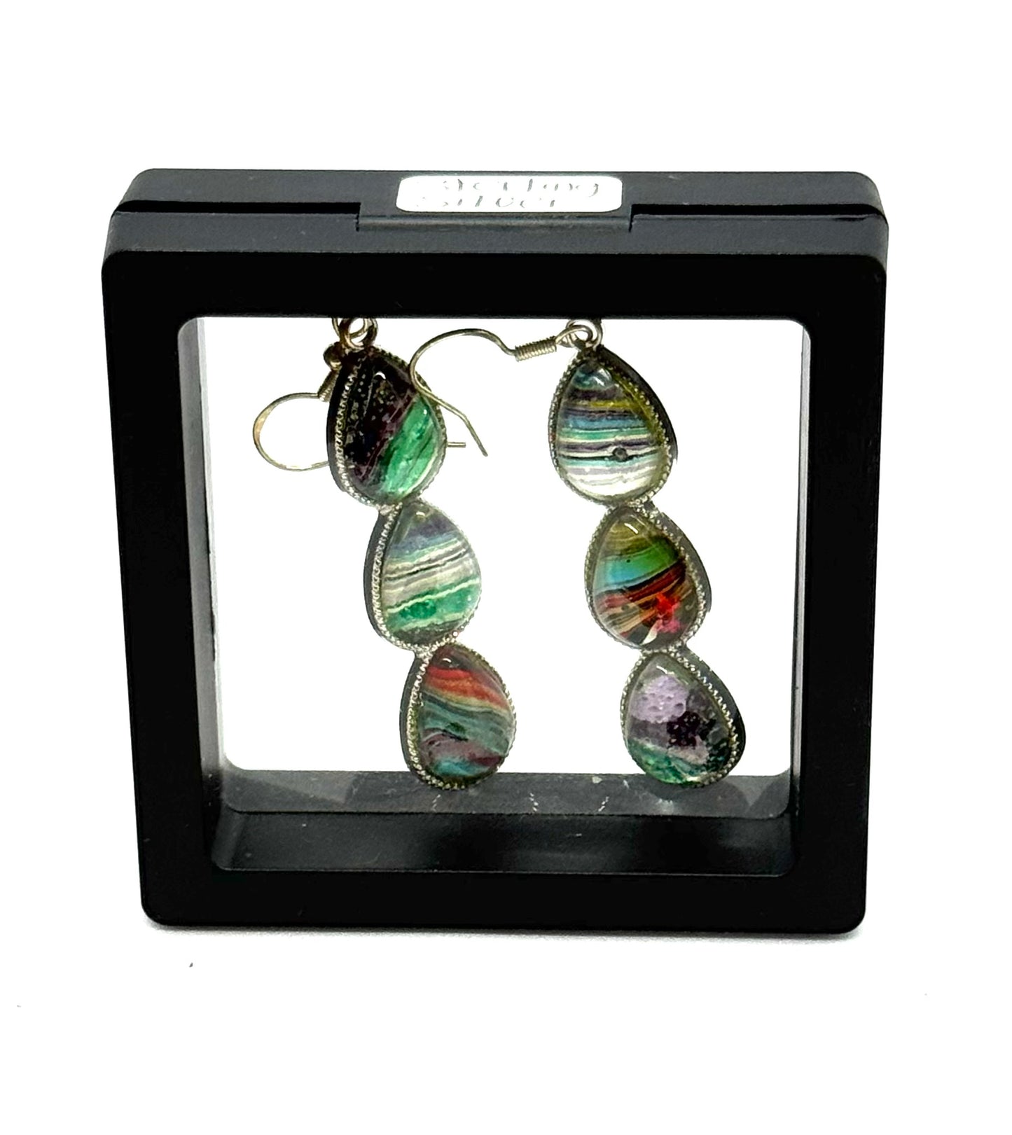 #6S Aurora Chaos Sterling Silver Triple Teardrop Paint Pour Glass Dome Earrings