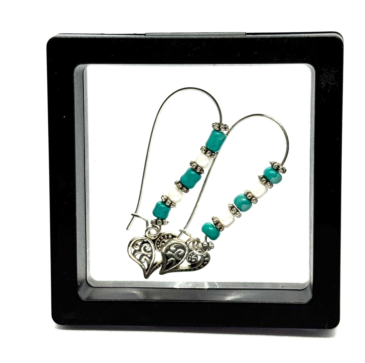 #36 Heartstrings & High Tides Earrings – Turquoise & Pearl Heart Charm Earrings 💙🤍⚓