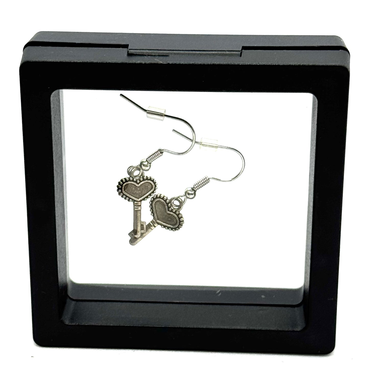 #44 Key to My Heart Earrings – Silver Heart Key Dangle Earrings