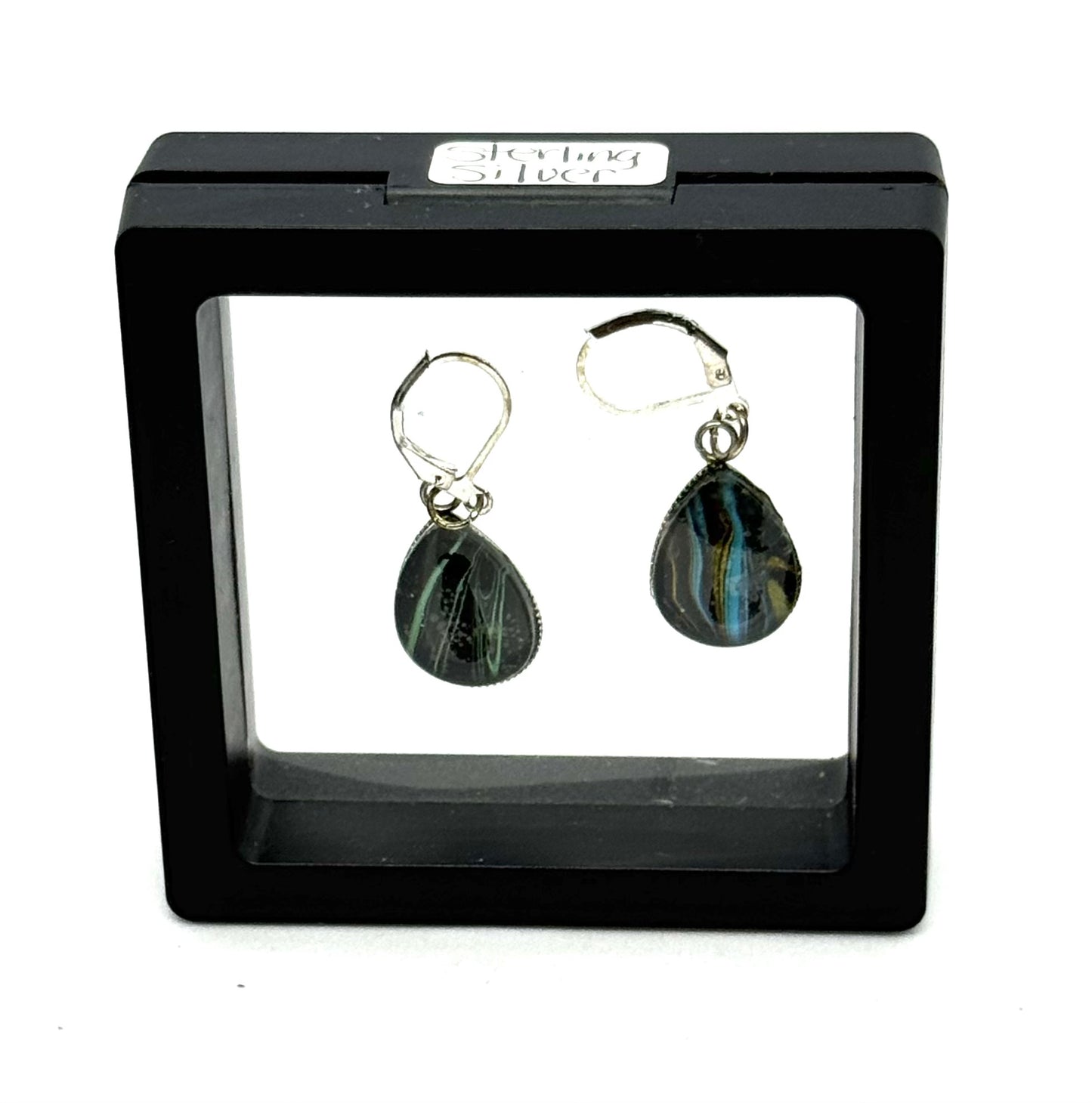 #4S Ocean After Midnight Sterling Silver Teardrop Earrings – Handmade Paint Pour Glass Domes