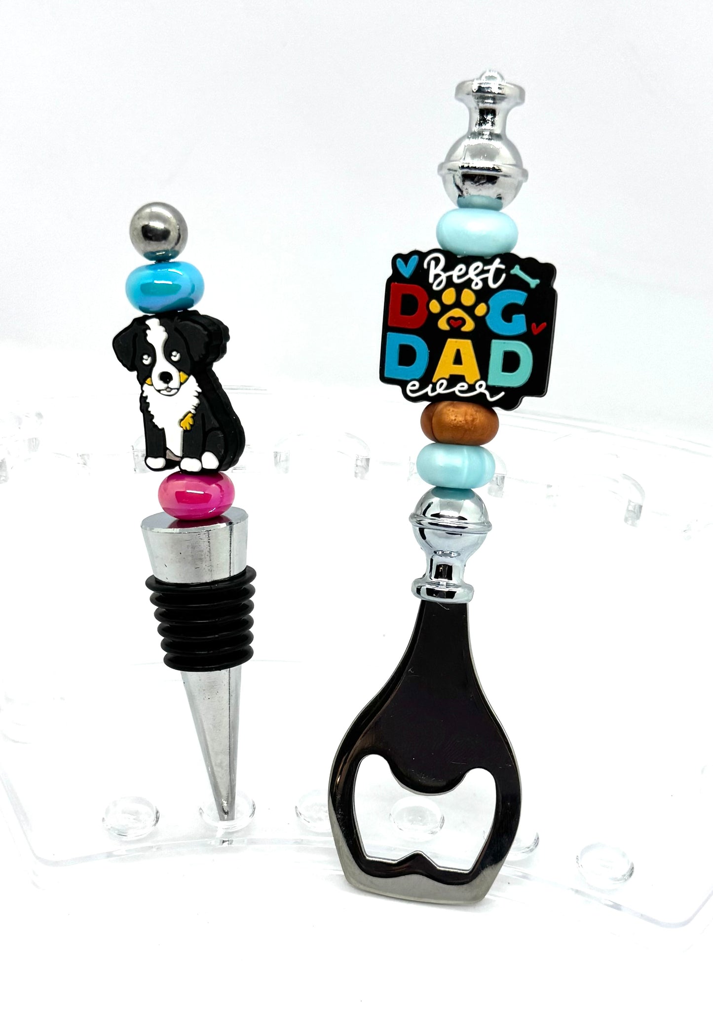 Best Dog Dad Ever Bottle Opener & Bernese Mountain Dog Wine Stopper Gift Set – Handmade FDSS Bar Accessory Duo
