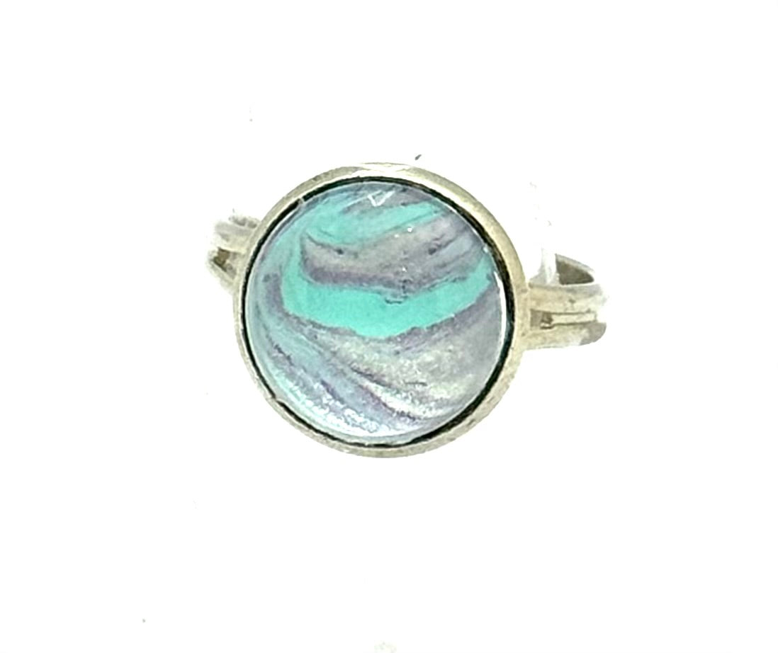 #7 Sea Glass Mirage Glass Dome Ring – Aqua & Silver Swirl Statement Ring