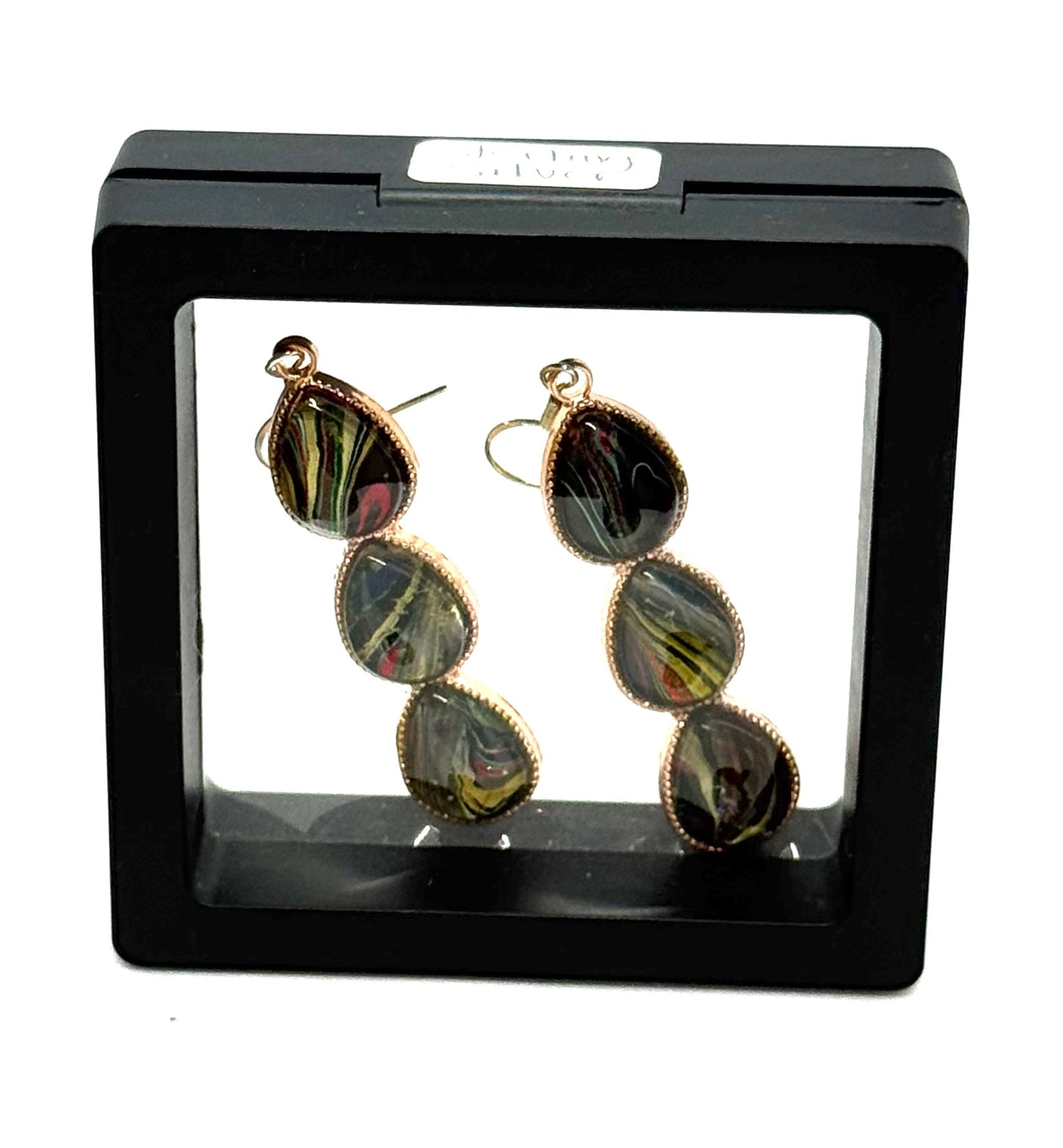 #3S Midnight Eclipse Triple Teardrop Earrings – Handmade Paint Pour Glass Domes