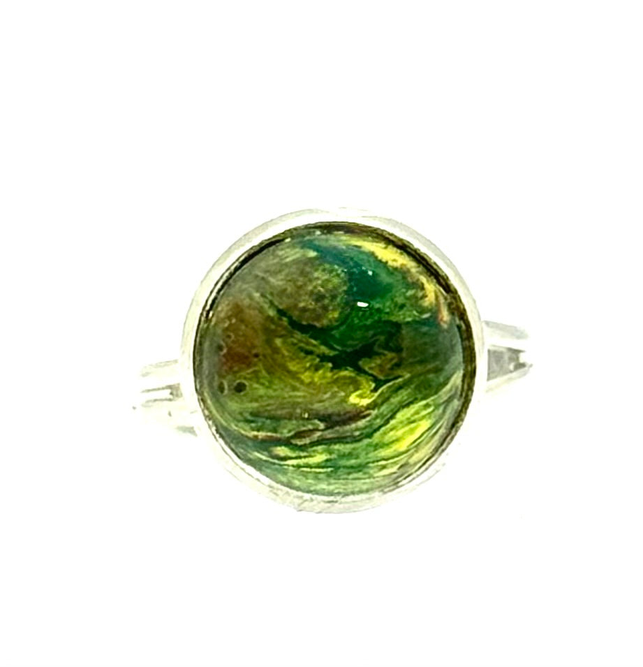 #8 Enchanted Forest Glass Dome Ring – Green & Gold Swirl Adjustable Ring