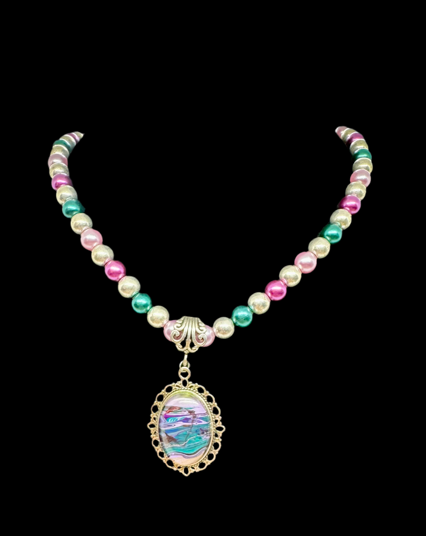 Paint Pour Glass Dome Pendant Necklace