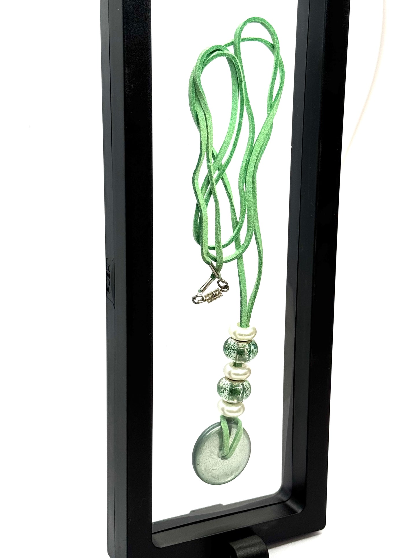 Green Beaded Pendant Necklace | 36” Cord | Screw Clasp | Handmade Statement Chaos