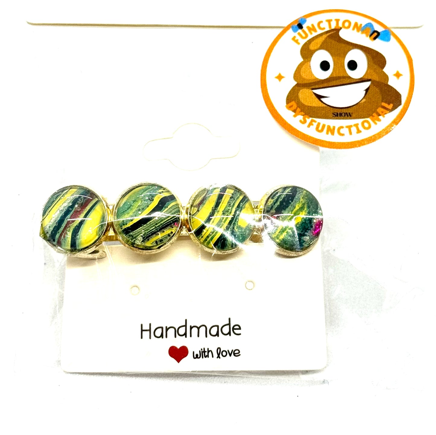 #2 Sunlit Chaos Barrette – Yellow & Green Resin Disc Hair Clip