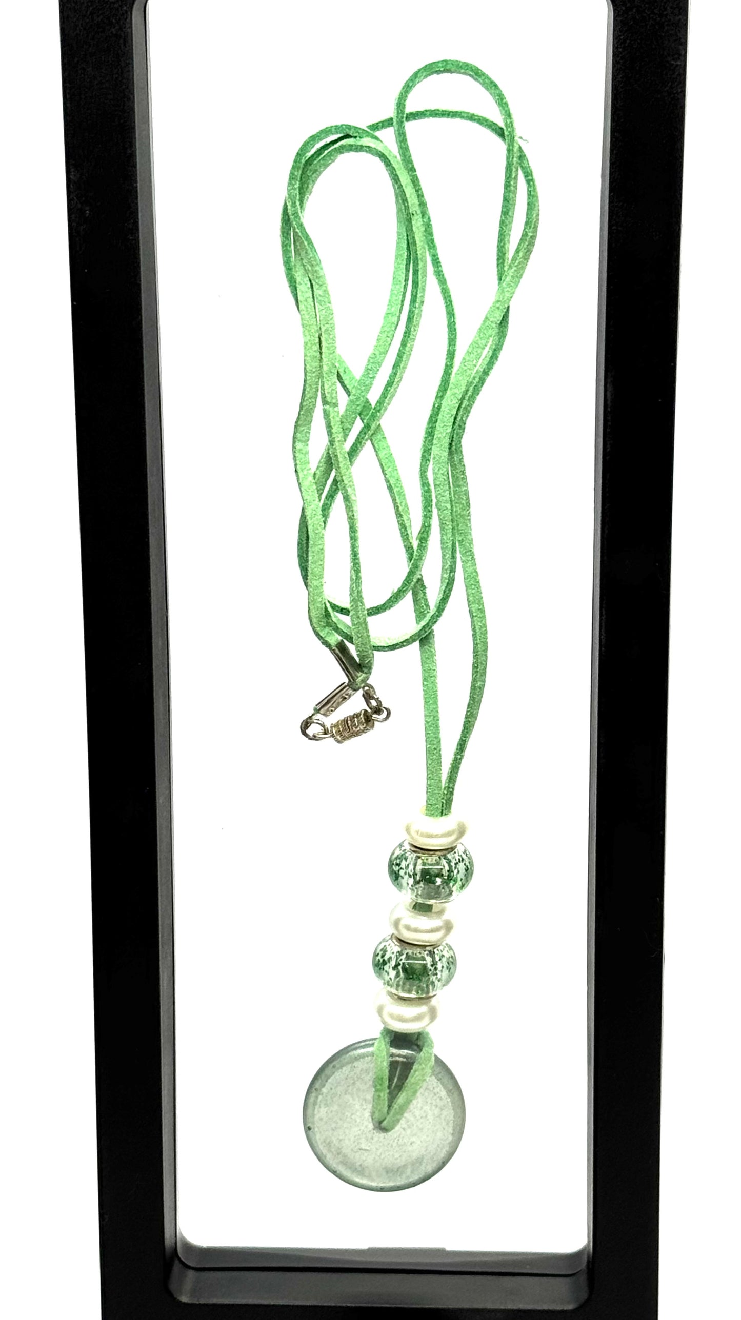 Green Beaded Pendant Necklace | 36” Cord | Screw Clasp | Handmade Statement Chaos
