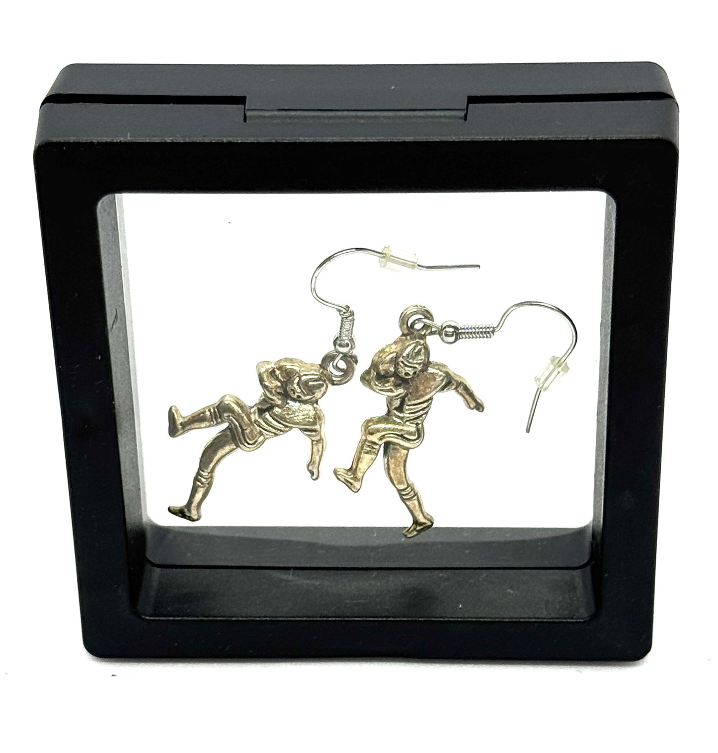 #42 Fourth & Dysfunctional Earrings – Silver Football Player Dangle Earrings