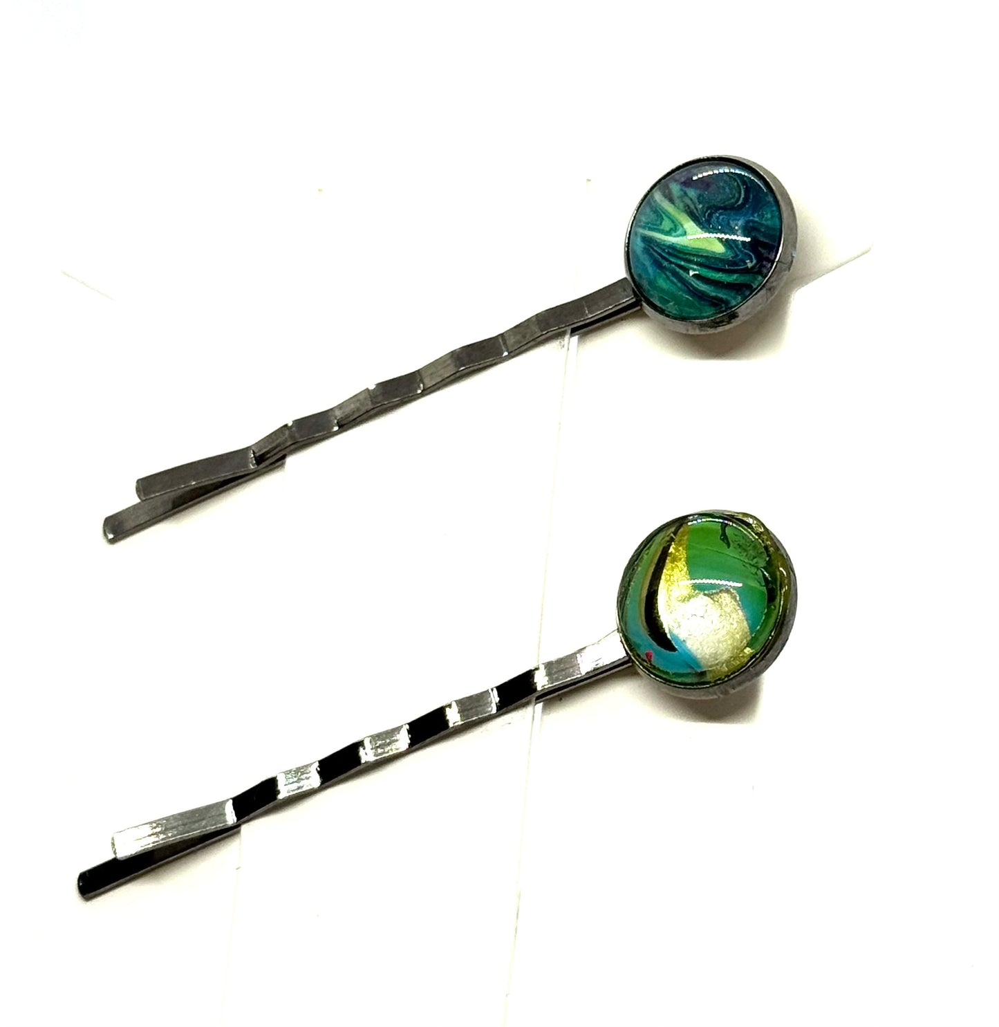 #5 Deep Ocean Chaos Bobby Pins – Teal & Emerald Swirl Set (2pc)