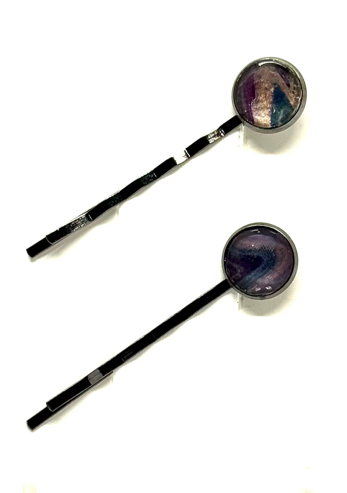 The “Midnight Mood Swing” Bobby Pin Set – Handmade Purple, Navy & Rose Gold Hair Pins (Set of 2)