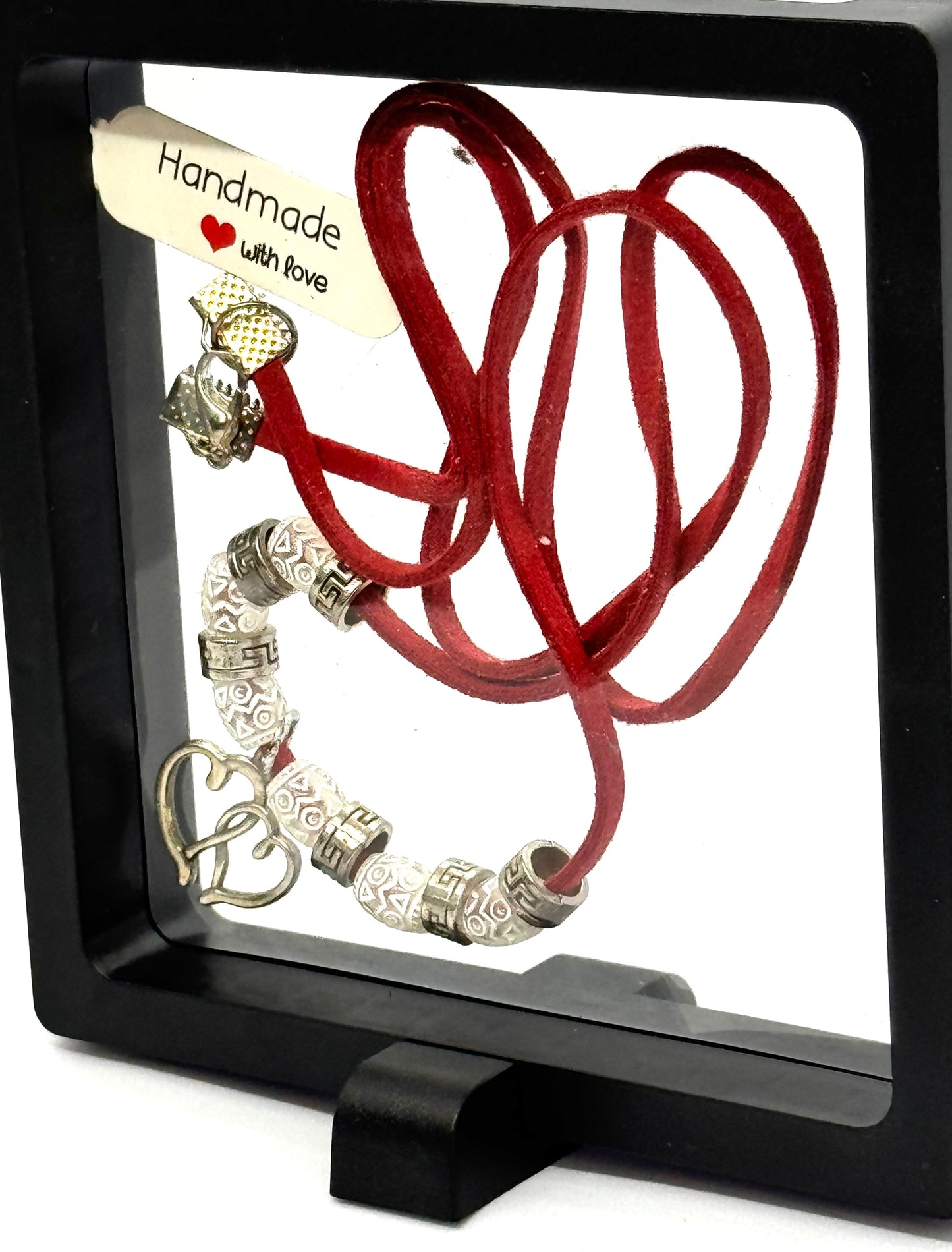 Red Leather Heart Necklace | Beaded Charm Necklace | 28” Cord | Lobster Claw Clasp | Handmade Statement Jewelry
