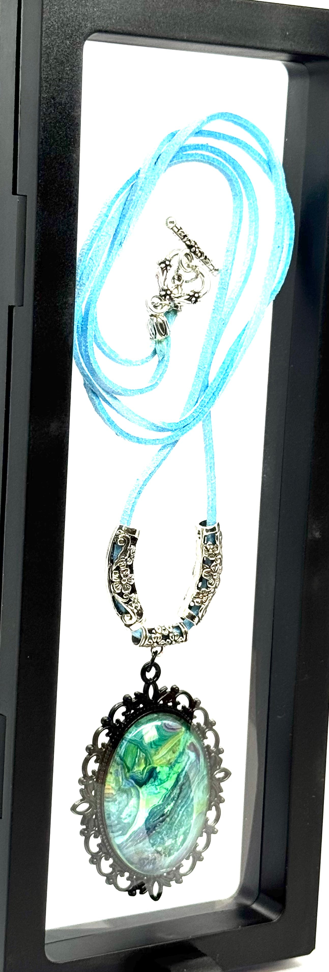 Ocean Mood Swing Necklace | Green & Teal Swirl Pendant | 34” Blue Cord | Statement Chaos