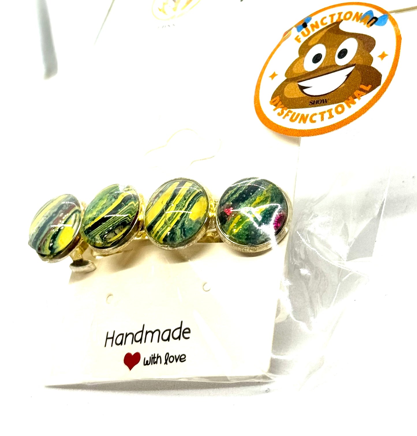#2 Sunlit Chaos Barrette – Yellow & Green Resin Disc Hair Clip