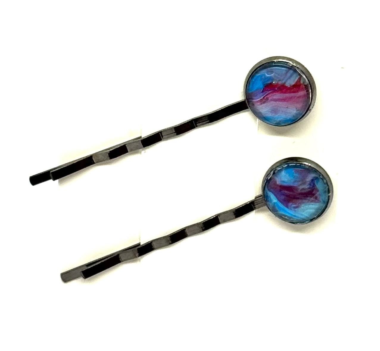 The “Cotton Candy Meltdown” Bobby Pin Set – Handmade Blue & Pink Swirl Hair Pins (Set of 2)