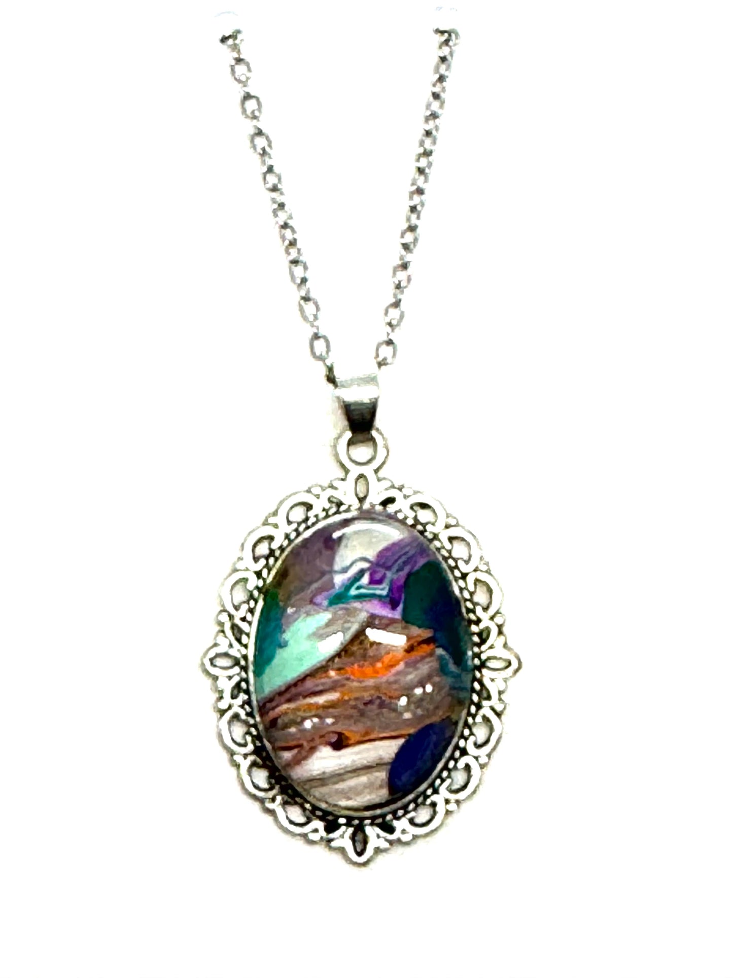 #27 Tectonic Mood Swing – Abstract Paint Pour Oval Pendant Necklace | One-of-a-Kind Chaos Jewelry