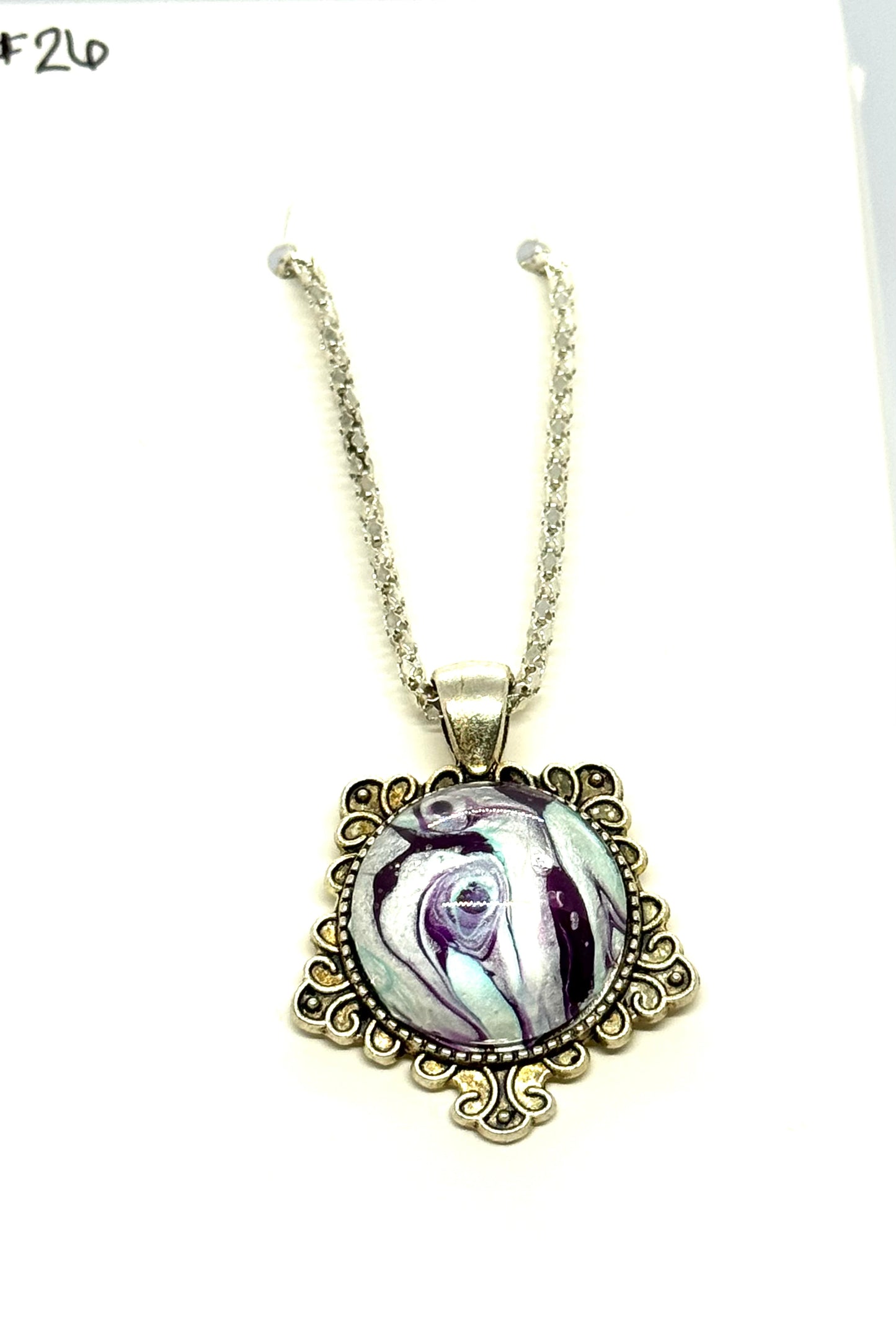 #26 Spiral Delusion – Purple & Silver Paint Pour Pendant | FDSS Original