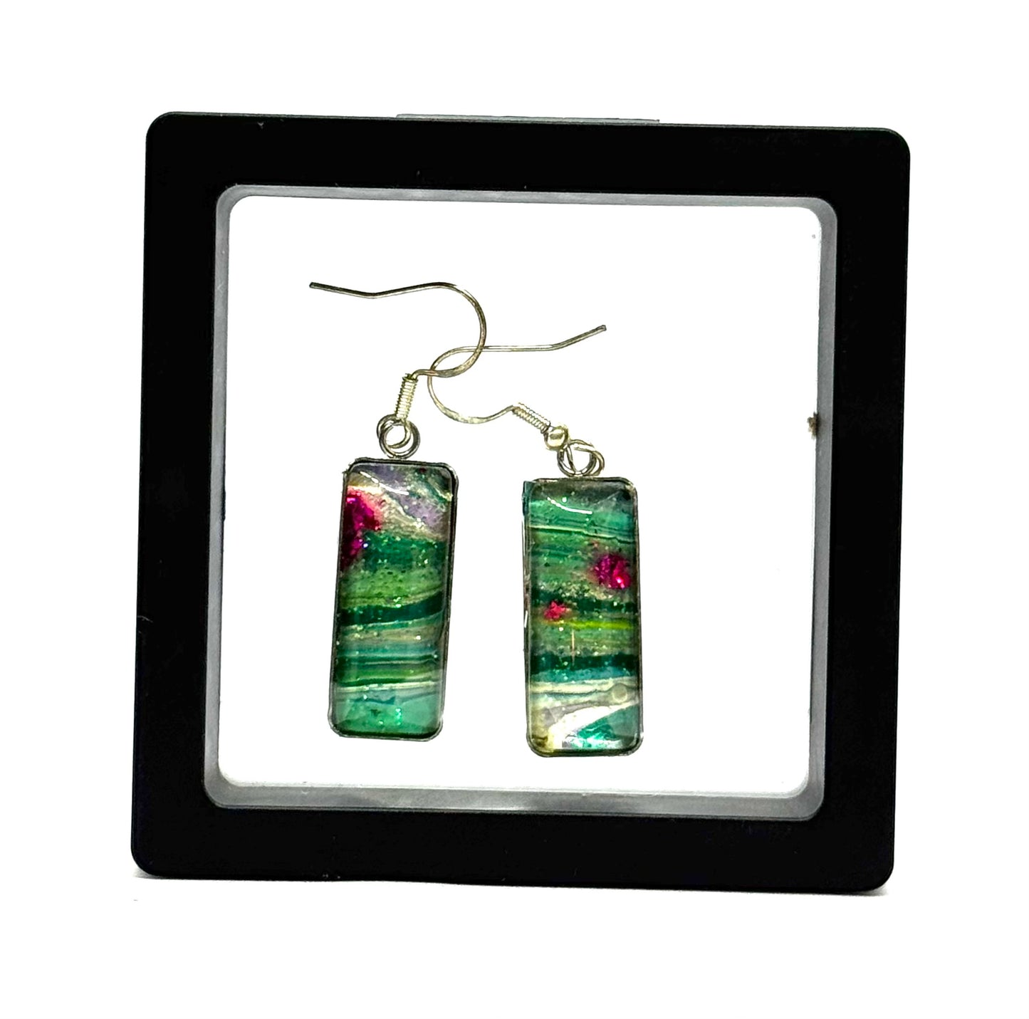 #11S Enchanted Lagoon Sterling Silver Rectangle Glass Dome Earrings
