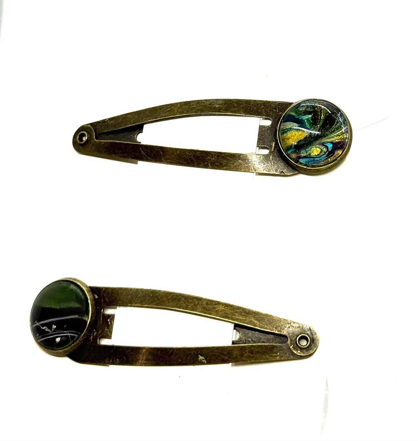 #2 Ocean Spiral Snap Clips – Silver Tone Blue Green Resin Hair Clips (2pc Set)
