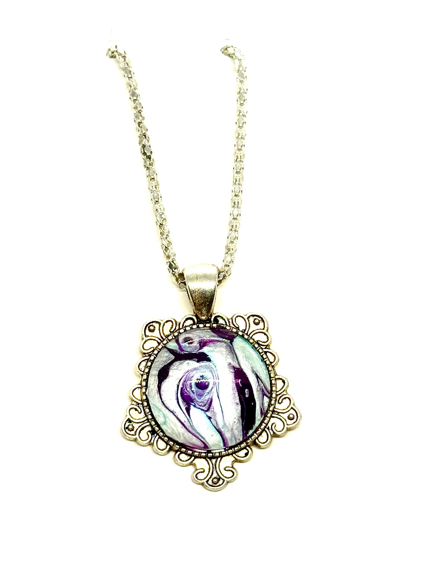 #26 Spiral Delusion – Purple & Silver Paint Pour Pendant | FDSS Original