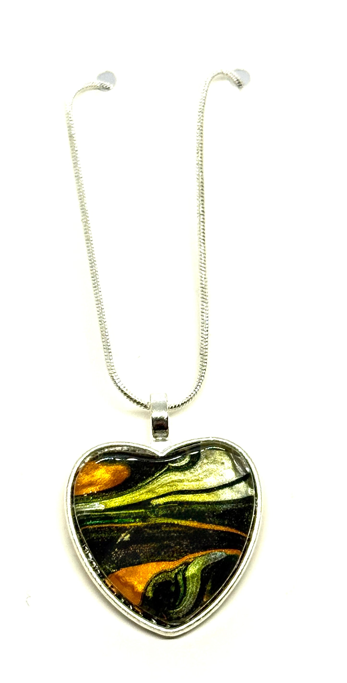 #22 Heartbreak in Technicolor – Black, White, Orange & Rose Gold Paint Pour Heart Pendant Necklace