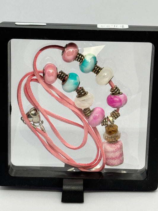 Sweet Chaos Bottle Necklace | Pink Leather Cord | Beaded Charm Necklace | Heart Clasp Magic