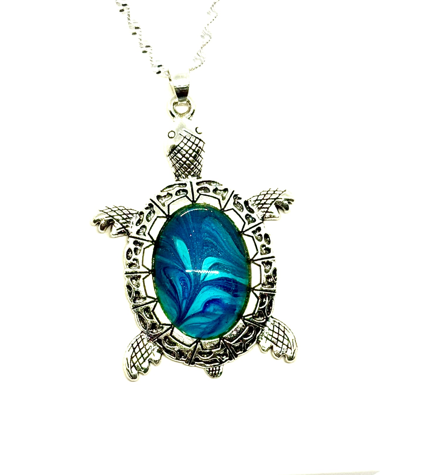 #24 Emotionally Unavailable Sea Turtle – Blue Swirl Paint Pour Turtle Necklace | FDSS Original