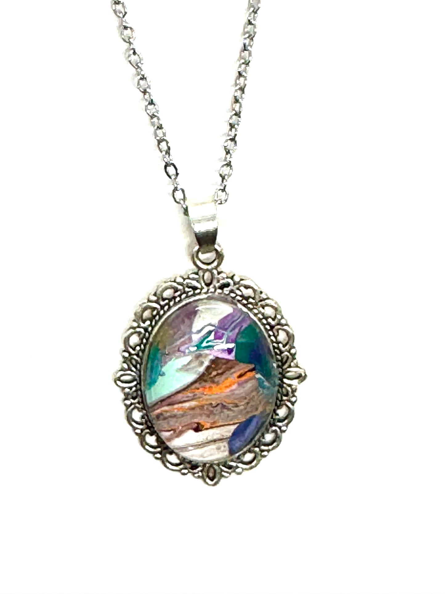 #27 Tectonic Mood Swing – Abstract Paint Pour Oval Pendant Necklace | One-of-a-Kind Chaos Jewelry