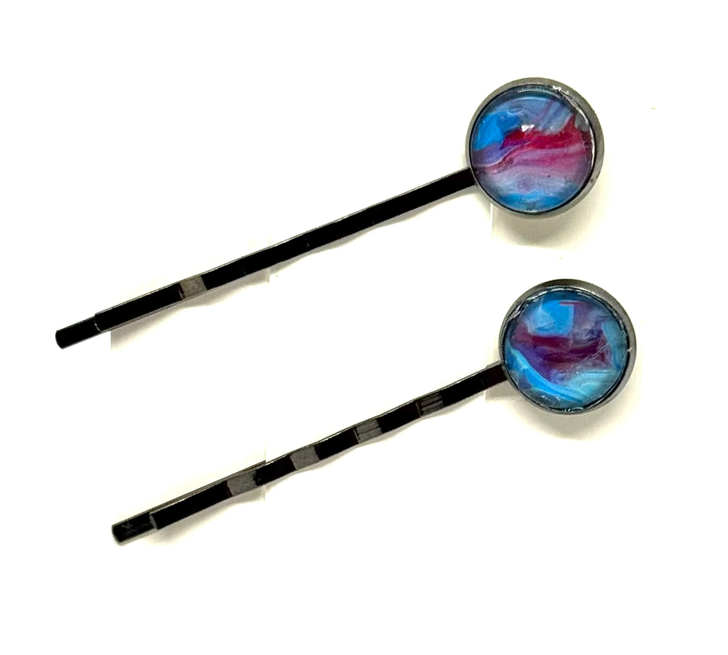The “Cotton Candy Meltdown” Bobby Pin Set – Handmade Blue & Pink Swirl Hair Pins (Set of 2)