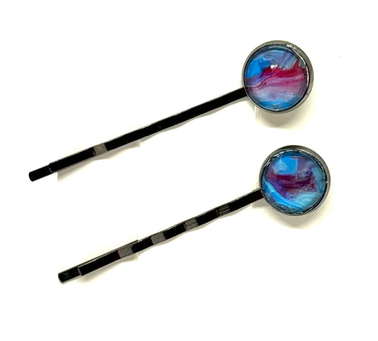 The “Cotton Candy Meltdown” Bobby Pin Set – Handmade Blue & Pink Swirl Hair Pins (Set of 2)