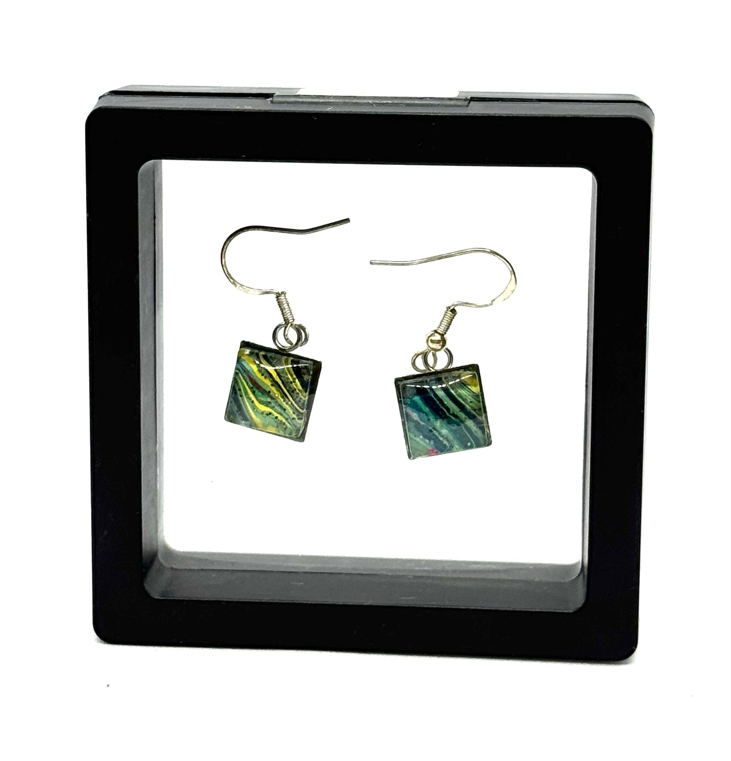 #2S Emerald Chaos Square Glass Dome Earrings – Sterling Silver Hooks