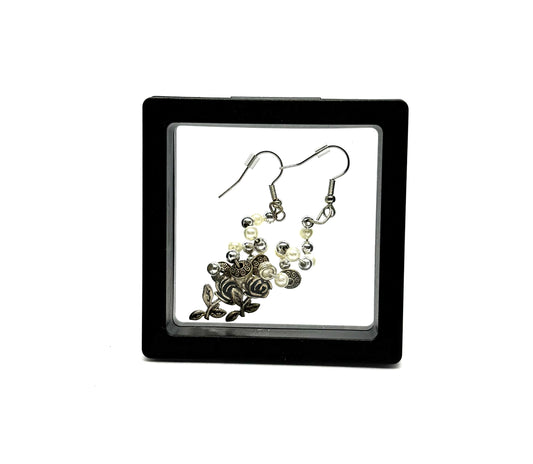#29 Pearls Before Meltdowns Rose Earrings – Silver Tone Floral Dangles