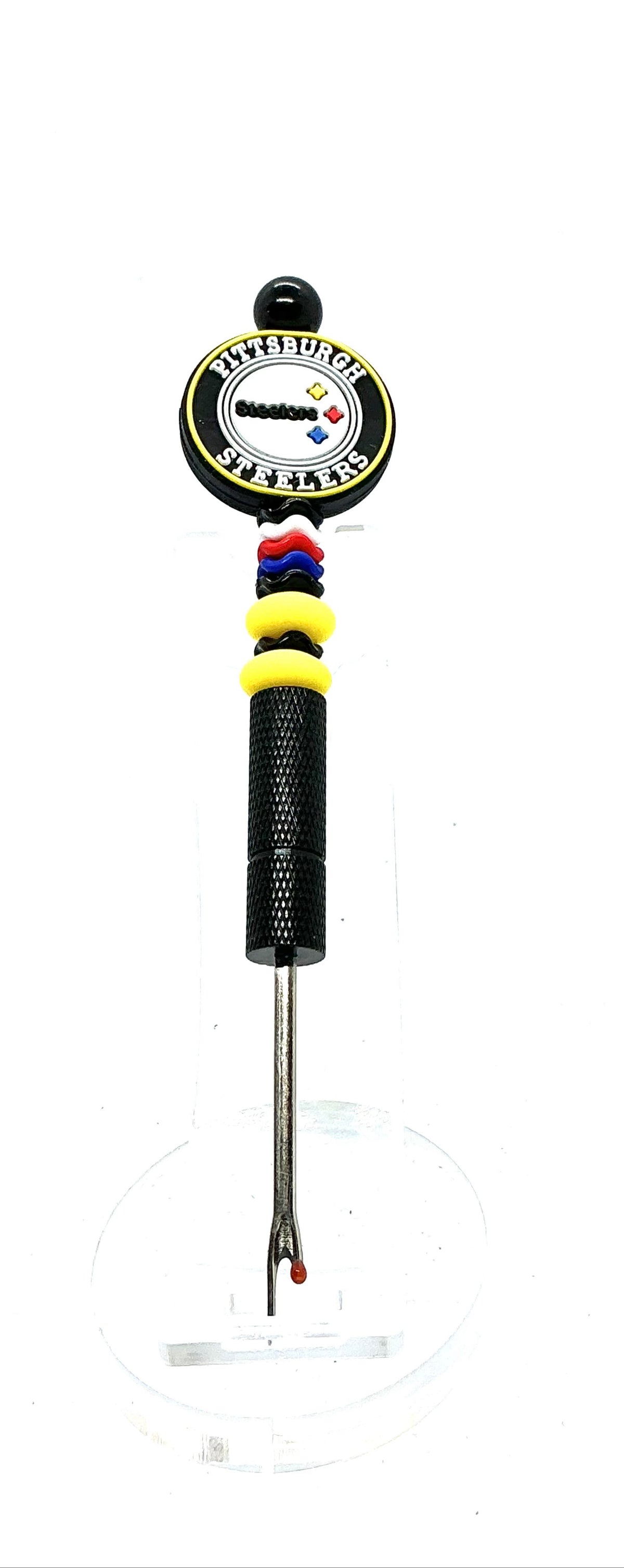 Beaded seam ripper with Pittsburgh football focal bead and black and gold beads on a black handle